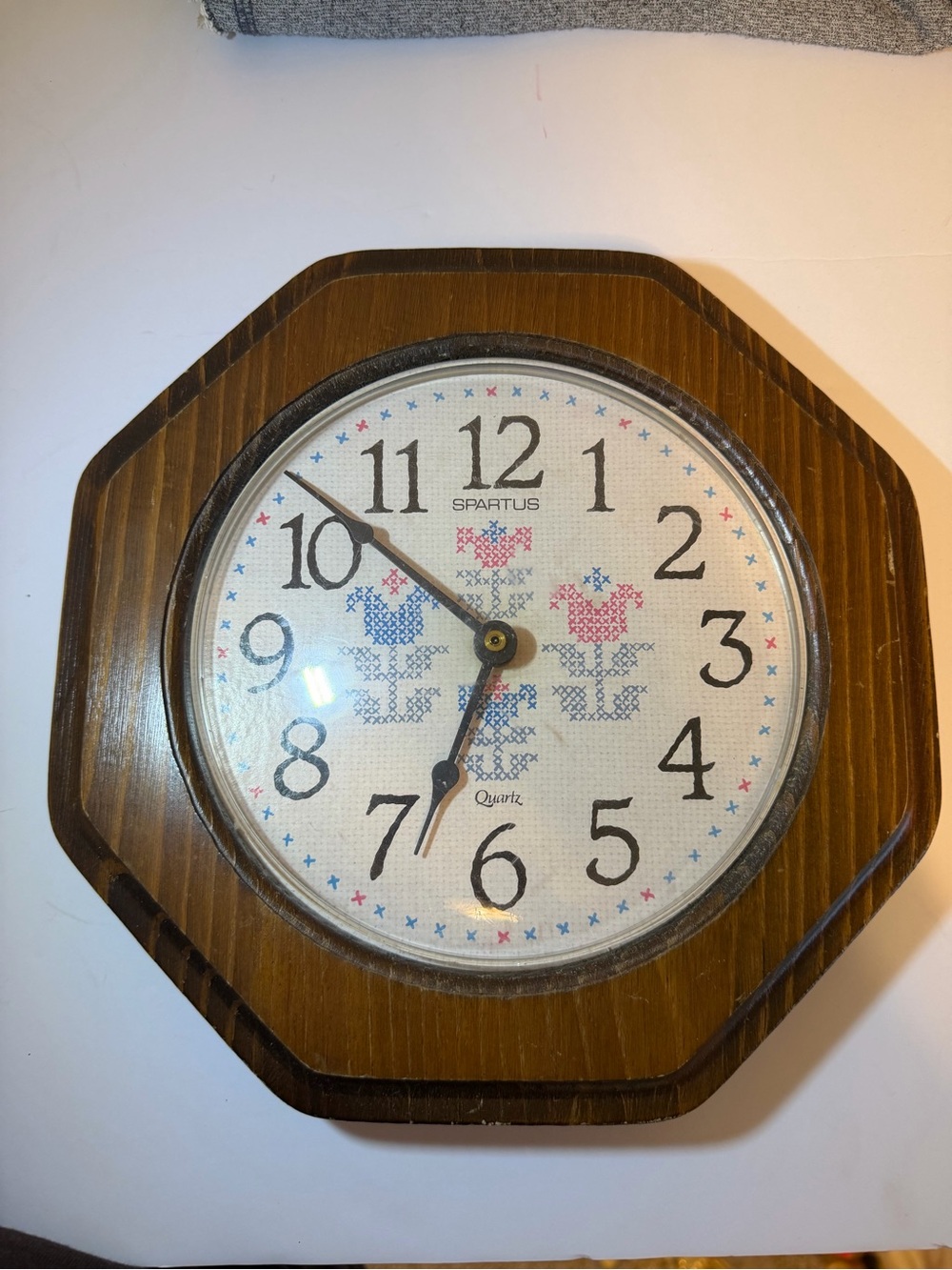 Brown Wood Octagon Wall Clock with Blue & Pink Dial Accents